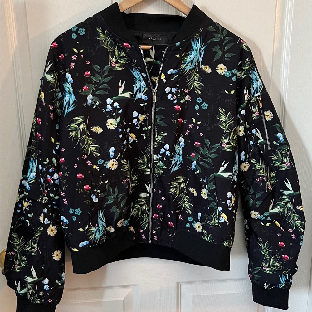 Gracia Black Floral Print Bomber Jacket with Multicolor Blooms